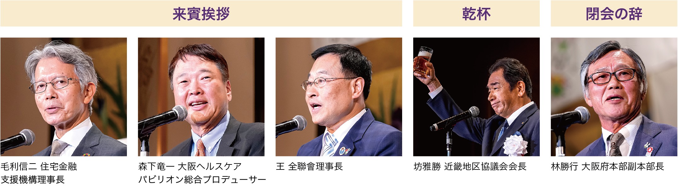 毛利信二 住宅金融支援機構理事長 /森下竜一 大阪ヘルスケアパビリオン総合プロデューサ/ 井上信治全日本不動産政策推進議員連盟事務局長 / 中華民國不動產仲介經紀商業同業公會全國聯合會 / 坊雅勝近畿地区協議会会長 / 林勝行大阪府本部副本部長